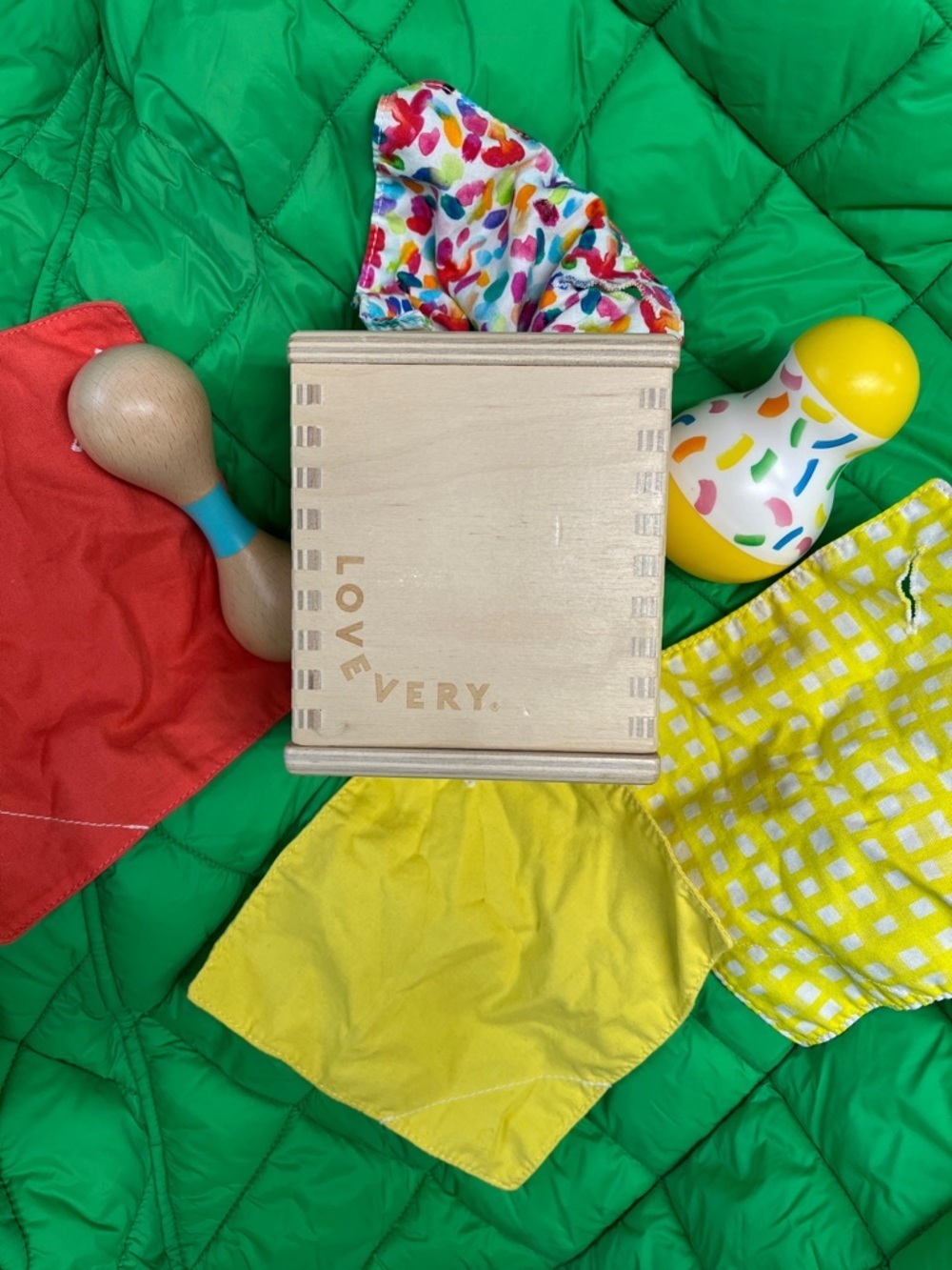 Lovevery Wooden Toy Box with Colorful Sensory Toys - Green/Yellow/Red